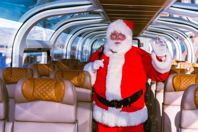Santa enjoys Rocky Mountaineer's newest GoldLeaf rail car. Photo credit: Rocky Mountaineer. (CNW Group/Rocky Mountaineer)
