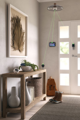Wi-Charge PowerPuck long-range wireless charging system, installed in a light fixture, delivering power to home security devices. Energy is delivered using safe and invisible IR light. Green charging lines are for illustration purposes.