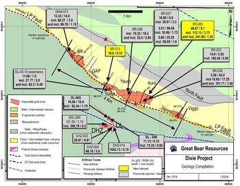 Figure 1: Map of current drill results at the Dixie property (CNW Group/Great Bear Resources Ltd.)