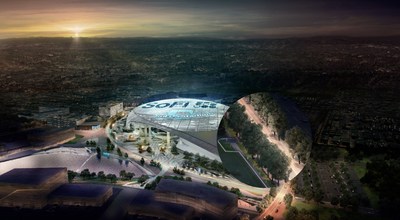 Aerial rendering of the new SoFi Stadium in Inglewood, Calif. Pechanga Resort Casino becomes the first Southern California-based company to announce a founding partnership with the stadium. It also makes Pechanga the official casino/resort partner of the Los Angeles Rams, Chargers, SoFi Stadium and Hollywood Park.