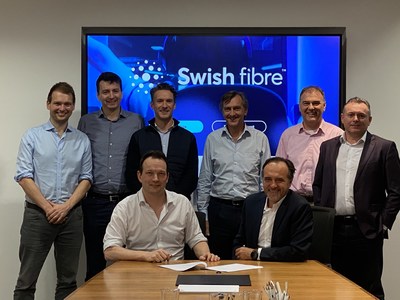Swish Fibre funding unlocks £250m investment in UK full-fibreRob Skinner, Octopus with Brice Yharrassarry CEO of Swish Fibre, signing their new agreement supported by their respective teams. (PRNewsfoto/Swish Fibre)