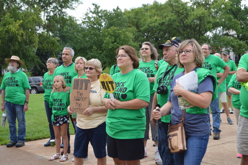 Rally goers from along the Rock Island rail corridor show their support for the trail at Rally for the Rock Island held on Aug. 11, 2017 at the Missouri State Capitol. The rally was organized by Rails-to-Trails Conservancy; Missouri Rock Island Trail, Inc.; and the Missouri Bicycle and Pedestrian Federation. For more, visit rockislandtrail.org. Photo: Brandi Horton, Rails-to-Trails Conservancy