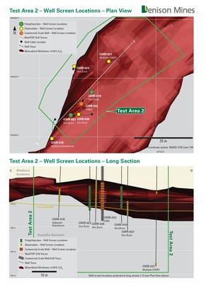 Figure 3: Plan map and long section showing Pump/Injection wells, Observation wells and CSW2 completed for ISR field testing in Test Area 2. (CNW Group/Denison Mines Corp.)