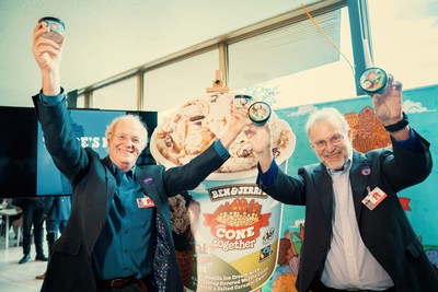 Ben Cohen and Jerry Greenfield (Co-founders of Ben & Jerry's) are pictured at the UN Global Refugee Forum as Ben & Jerry's launch 