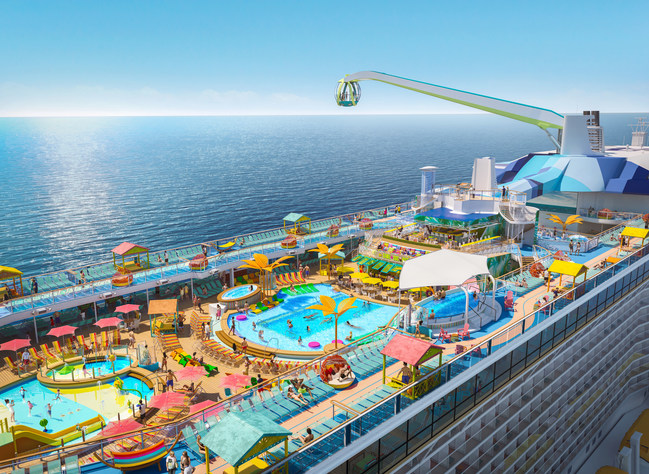 Debuting November 2020, Odyssey of the Seas will tout a vibrant, two-level pool deck, where two resort-style pools, a kids aqua park and four whirlpools are surrounded by shady casitas and hammocks, perfect for enjoying the sea breeze under the sun and stars.