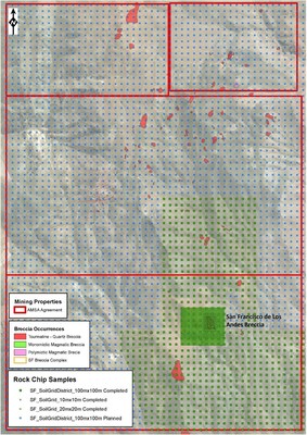 Figure 1: Current progress in soil sampling at the San Francisco Project area. Approximately 30% of the project area has already been covered (green points). (CNW Group/Turmalina Metals Corp.)