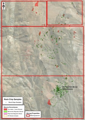 Figure 2: Current progress of rock chip sampling at the San Francisco Project with main breccia locations. Over 300 samples have been collected to date, with all outcropping breccias to be mapped, sampled and prioritised by February 2020. (CNW Group/Turmalina Metals Corp.)