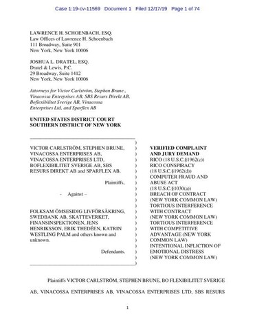 Folksam Swedbank And Swedish Authorities Sued For Alleged Crimes Listed In The R I C O Act By Swedish Financial Advisor Victor Carlstrom For 4 2 Billion Usd