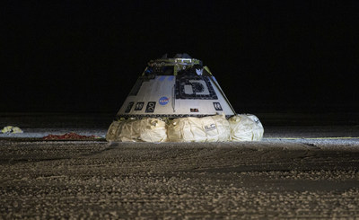 The Boeing CST-100 Starliner spacecraft is seen after it landed in White Sands, New Mexico, Sunday, Dec. 22, 2019. The landing completes an abbreviated Orbital Flight Test for the company that still meets several mission objectives for NASA’s Commercial Crew program. Credit: (NASA/Bill Ingalls)