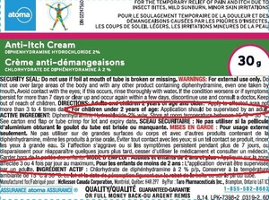 Advisory - One lot of Atoma-brand Diphenhydramine Hydrochloride 2% Anti-Itch Cream recalled because of a labelling error regarding use in children under two years of age