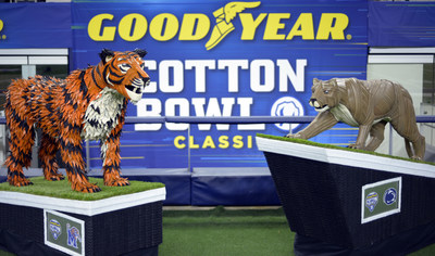 Standing over five feet tall and weighing more than 200 pounds each, Goodyear’s tire art features Penn State University’s mascot, the Nittany Lion, and the University of Memphis’ mascot, Tom the Tiger. Collectively, the tire-based artwork was constructed from more than 260 Goodyear-branded tires, leverages approximately 450 hidden screws and took 400 hours to complete. The 2019 Goodyear Cotton Bowl Classic game kicks off on ESPN on Dec. 28, at 11 a.m. CST. (Matt Strasen/AP Images for Goodyear)