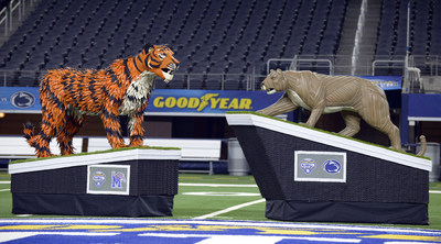 To celebrate the drive it takes to advance to the 84th annual Goodyear Cotton Bowl Classic, title sponsor Goodyear unveils life-sized tire sculptures of Penn State University’s mascot, the Nittany Lion, and the University of Memphis’ mascot, Tom the Tiger on Thursday, Dec. 26, 2019. Handcrafted by tire artist Blake McFarland, they will serve as centerpieces for the Goodyear Cotton Bowl Classic on Dec. 28, 2019, at AT&T Stadium in Arlington, Texas. (Matt Strasen/AP Images for Goodyear)