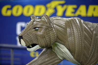 Goodyear unveils life-sized mascot tire art of the Penn State Nittany Lion for the 84th Goodyear Cotton Bowl Classic on Thursday, Dec. 26, 2019, at AT&T Stadium in Arlington, Texas. The Nittany Lion statue was constructed from more than 100 hand-painted Goodyear tires, 300 hidden screws and 3,000 crown staples. (Matt Strasen/AP Images for Goodyear)