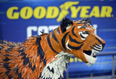 Goodyear unveils life-sized mascot tire art of the University of Memphis’ Tom the Tiger for the 84th Goodyear Cotton Bowl Classic on Thursday, Dec. 26, 2019, at AT&T Stadium in Arlington, Texas. The Tom the Tiger statue was constructed from more than145 hand-painted Goodyear tires, 150 hidden screws and 8,000 crown staples. (Matt Strasen/AP Images for Goodyear)