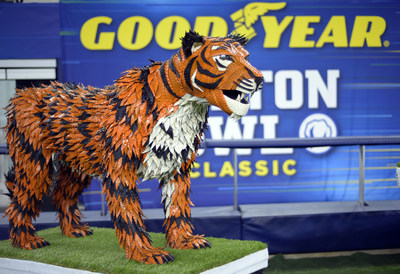 Goodyear introduces a life-sized tire mascot sculpture of the University of Memphis’ Tom the Tiger on Thursday, Dec. 26, 2019, at AT&T Stadium in Arlington, Texas. Made from 145 Goodyear tires and standing over five feet tall, the Tom the Tiger sculpture recognizes the drive and effort of the University of Memphis players for advancing to the 84th annual Goodyear Cotton Bowl Classic. The artwork took over 200 man hours to complete. (Matt Strasen/AP Images for Goodyear)