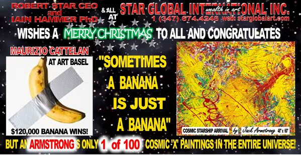 Opening shot of a video on a huge screen in Times Square showing Maurizio Cattelan's famous Banana with Duct-tape on a white wall, which recently sold for $120,000, and a seminal painting of Cosmic Artist Jack Armstrong, which is valued at $15 million. 'Sometimes a banana is just a banana.'