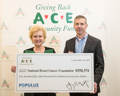 Populus Financial Group CEO Jay Shipowitz presents donation to Janelle Hail, Founder and CEO of National Breast Cancer Foundation