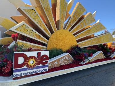Dole Packaged Foods' 2020 Rose Parade Float ‘Sunshine for All’ traveling down Colorado Blvd. to delight millions of hopeful viewers.