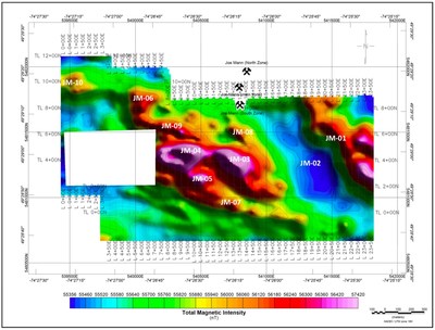 Figure 3: Plan view image of the magnetic anomaly map with new exploration targets to the south and south-west of the Joe Mann mine. From Lac Norhart West (Joe Mann Property) NTS 32G/08 Québec, MRB & Associates, November 30, 2018. John Langton (M.Sc. P. Geo.) (CNW Group/Doré Copper Mining Corp.)