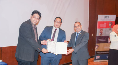 Left to right: Dr. Tamer El Khatib -Resala Charity Organization Board member and Head of the Patents Department at Zewail University, Mostafa Gomaa - CMA Instructor at Resala and Ahmad Mkhallati - IMA Director of Regional Partner Relationships