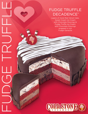 Fudge Truffle Decadence™ features layers of moist Red Velvet Cake, Sweet Cream Ice Cream with Chocolate Shavings and Fudge Truffle Ice Cream with Chocolate Shavings wrapped in rich Fudge Ganache