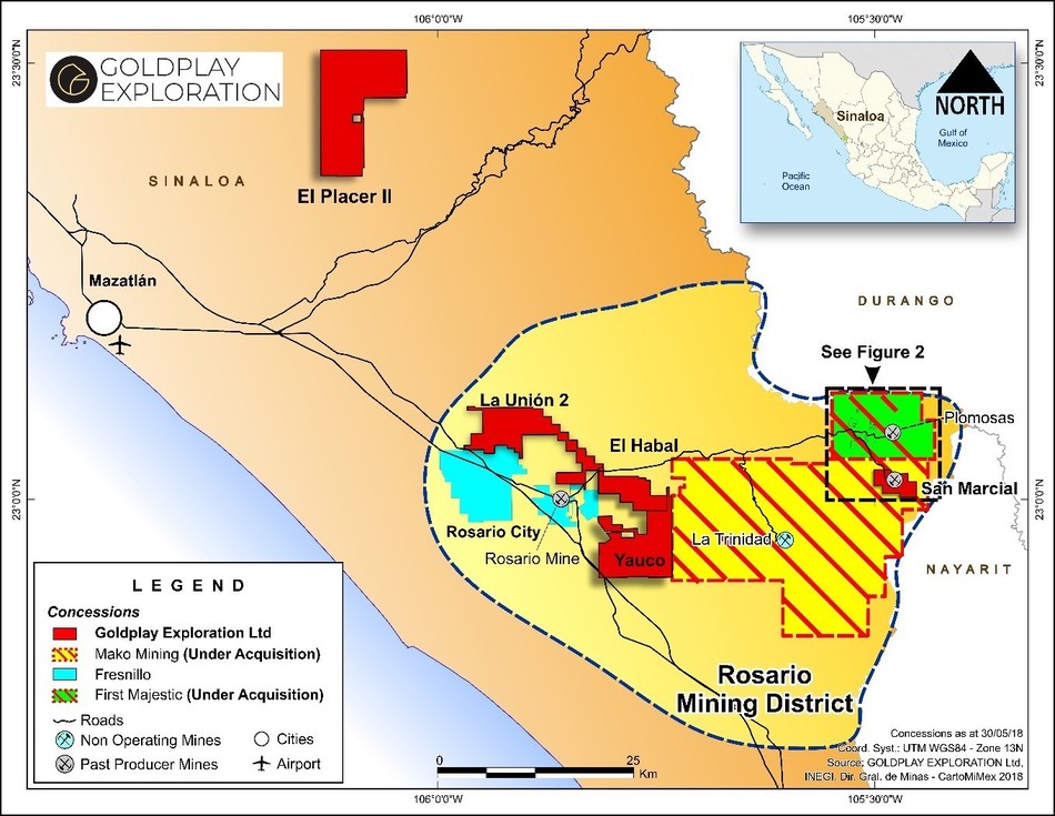 Figure 1 – Location Map Plomosas Silver Project – Rosario Mining District (CNW Group/Goldplay Exploration Ltd)