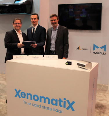 From left to right:
-        Sylvain Dubois, CEO of Marelli’s Automotive Lighting division 
-        Filip Geuens, CEO of XenomatiX
-        Dr. Detlef Juerss, Chief Commercial, Engineering & Technology Officer of Marelli