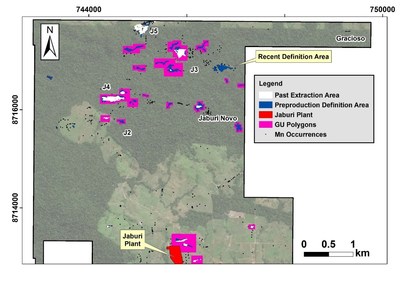 Figure 1: Jaburi region GU's in relation to past production areas, occurrences, and polygons of pre-production colluvial definition. (CNW Group/Meridian Mining S.E.)