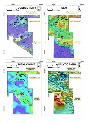 Figure 2: Clockwise from top left: HeliTEM Conductivity Grid, Digital Elevation Model, Analytic Signal Magnetics and Total Count Radiometrics. Manganese occurrences in mapping and preproduction. (CNW Group/Meridian Mining S.E.)