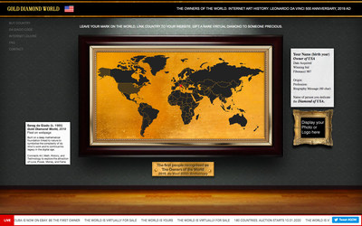 ‘Gold Diamond World’ Artwork reveals Country and owner details upon hover, including date acquired, winning bid, and origin of owner. USA is highlighted above.