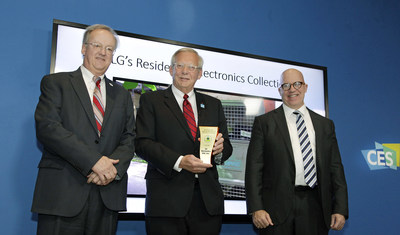 At CES® 2020, LG Electronics USA received the highest-level recognition in the EPA’s Sustainable Materials Management Electronics Challenge. Left to right: EPA Director Barnes Johnson, LG Senior Vice President John Taylor and EPA Assistant Administrator Peter Wright.