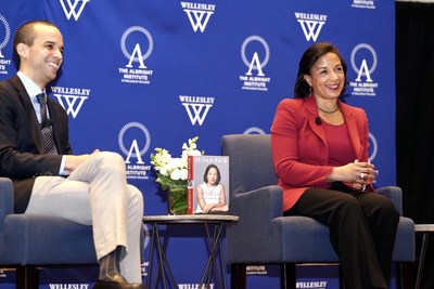 Ambassador Susan Rice joins Wellesley College professor Michael Jeffries on stage at an event on Wellesley's campus where the two discussed Rice's recent book, her work in the Obama Administration, and current
events in the news like the Iran crisis. Credit: Kelly Fitzsimmons