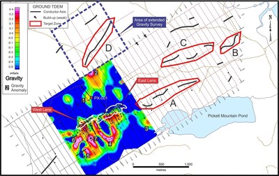 Figure 1. Pickett Mountain Gravity and EM Survey Anomalies and Drill Targets (CNW Group/Wolfden Resources Corporation)