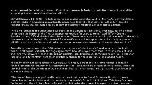 Morris Animal Foundation to award $1 million to research Australian  wildfires' impact on wildlife, support preservation and restoration efforts
