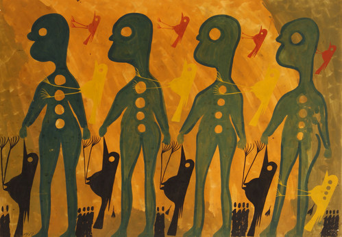 Carlo Zinelli, Quattro uomini verdi e uccelli su sfondo giallo (Four green men and birds on yellow background), 
1963, Tempera on paper, 20 x 27.5 inches, Collection of Oliana and Alessandro Zinelli.