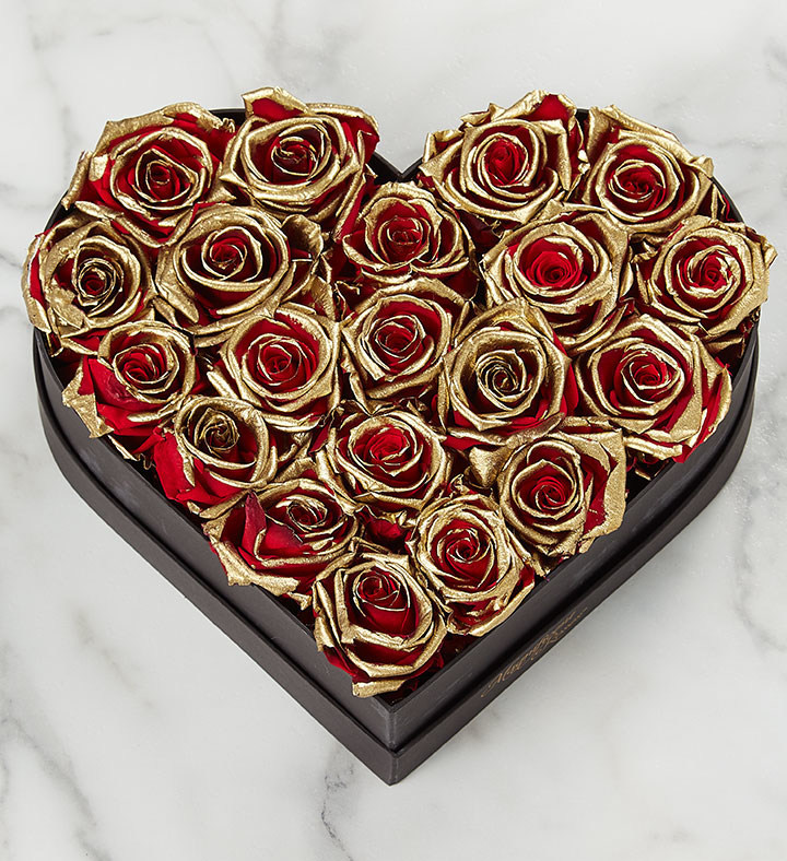 1-800-Flowers.com Magnificent Roses® Preserved Gold Kissed Red Roses in Heart Shaped Box
