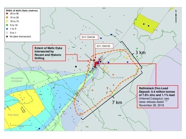 Exhibit 2. Plan Map Showing New Drilling and Extent of Thickest (>10 metres) Portion of Mafic Dyke (CNW Group/Group Eleven Resources Corp.)