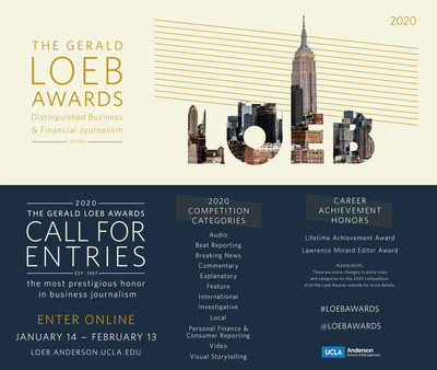 The Gerald Loeb Awards open the 2020 Call for Entries to recognize the best in business journalism. Enter online between January 14 - February 13 at http://bit.ly/loeb2020