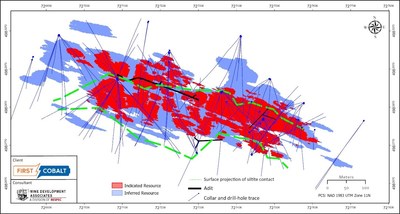 Figure 1. Distribution of Indicated and Inferred cobalt-copper resources at Iron Creek (view from above to show full extent of drilling). (CNW Group/First Cobalt Corp.)
