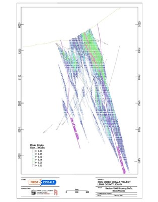 Figure 2. Cross section of the CoEq block model grades showing typical thickness of mineralization and relationship to lithological contacts. Section is 100 feet (33m) thick and view is toward southwest (West 20o South) along the strike trend of mineralization. Block sizes are 10ft along strike, 5ft across, and 10ft high. (CNW Group/First Cobalt Corp.)