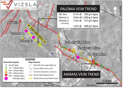 Figure 1: Plan map showing locations of Paloma Vein samples and surface sample results (CNW Group/Vizsla Resources Corp.)