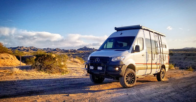 Storyteller Overland Beast MODE concept with light bar and surf rack.