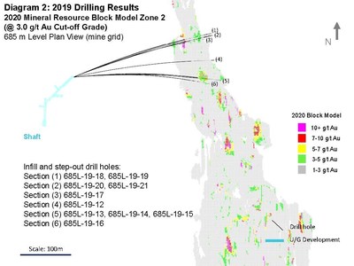 Diagram 2: 2019 Drilling Results 
2020 Mineral Resource Block Model Zone 2
(@ 3.0 g/t Au Cut-off Grade) - plan view at 685 m level (CNW Group/Rubicon Minerals Corporation)