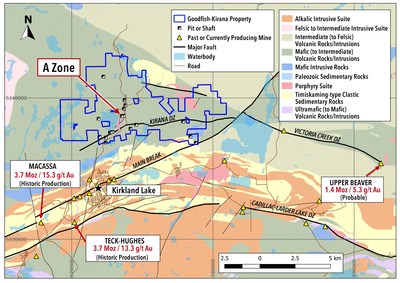 Map 1. Property location, “A” Zone location and regional geology, Goodfish-Kirana Property. (CNW Group/Warrior Gold Inc.)