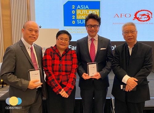 From left : Prof. Spencer Li - Independent Director of Coinstreet Partners, Ms. Eva Law - Founder and Chairman of the Association of Family Offices in Asia, Mr. Samson Lee - Founder and CEO of  Coinstreet Partners, Mr. Chan Heng Fai - Chairman of Coinstreet Partners; at the Asia Futurist Leadership Award Gala.