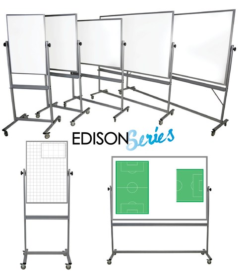 EVERWhite's new Edison Series of double-sided, mobile whiteboards. These flippable marker boards on wheels are available with plain dry erase surfaces, or with sports, education, collaborating and planning images.