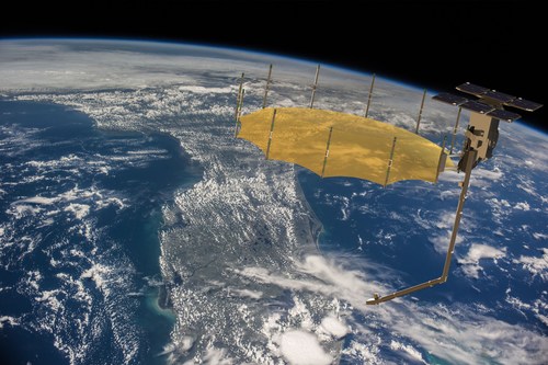 Artist impression of Capella SAR satellite. Background image courtesy NASA.