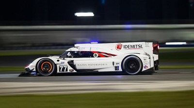 Pictured here on the track is the Idemitsu Lubricants America Corporation-sponsored No. 77 Mazda RT24-P competing in the Daytona Prototype international class within the International Motor Sports Association WeatherTech SportsCar Championship.