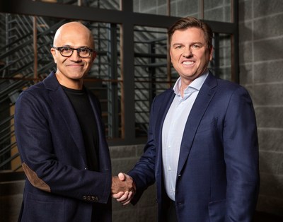 Microsoft CEO Satya Nadella (left), and Tony Bates, CEO of Genesys (right).