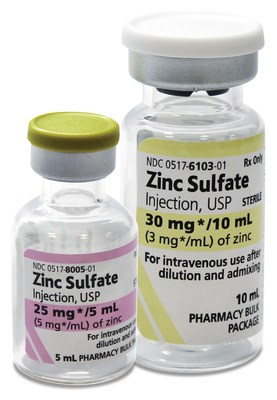 Zinc Sulfate Injection, USP is supplied in both a 25 mg/5 mL (5 mg/mL) Pharmacy Bulk Package vial, and a 30 mg/10 mL (3 mg/mL) Pharmacy Bulk Package vial. Zinc Sulfate Injection, USP is supplied in both a 25 mg/5 mL (5 mg/mL) Pharmacy Bulk Package vial, and a 30 mg/10 mL (3 mg/mL) Pharmacy Bulk Package vial.